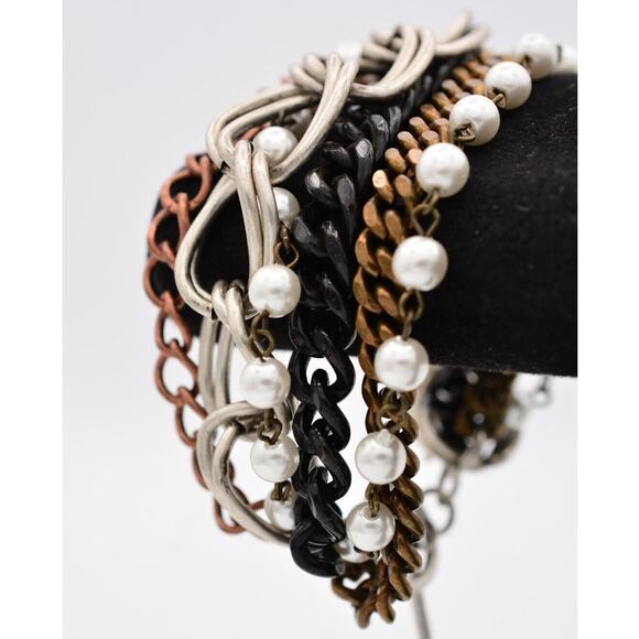Vintage Multi-Chain Bracelet Mixed Metal Pearl Beaded Chunky Silver 1990s BinAW - Picture 1 of 12